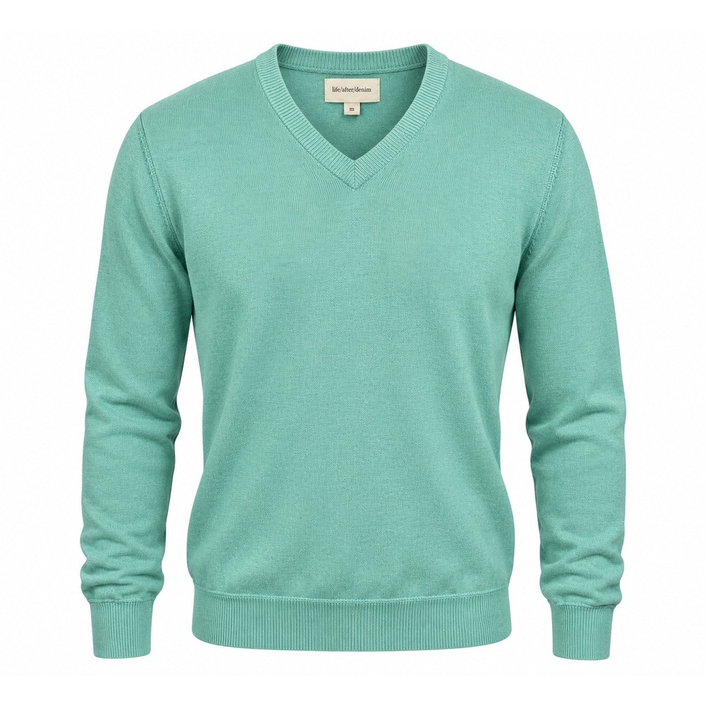 V-Neck Sweater Size M Mint Green Cotton Cashmere Blend Coastal Knit Pullover